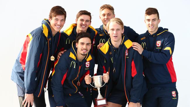 South Australian under-18 stars, left from front, Izak Rankine and Jack Lukosius, and left back,  Hugo Munn, Connor Rozee, Jackson Hately and Luke Valente. Picture: Tait schmaal