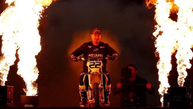 Chad Reed enters Marvel Stadium during the World Supercross Championship press conference in July.