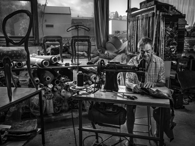 South Hobart upholsterer Bob Staddon still uses old sewing machines from he 1940s. Picture: Paul County