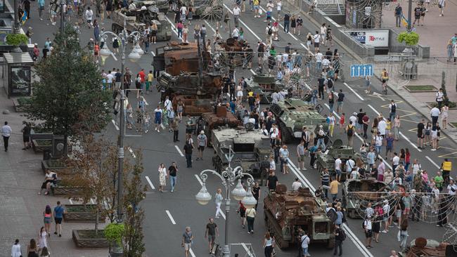 A burnt-out Russian military vehicle is displayed in Kyiv as Ukraine prepares to celebrates its 1991 declaration of independence from the Soviet Union on Wednesday. Picture: Getty Images