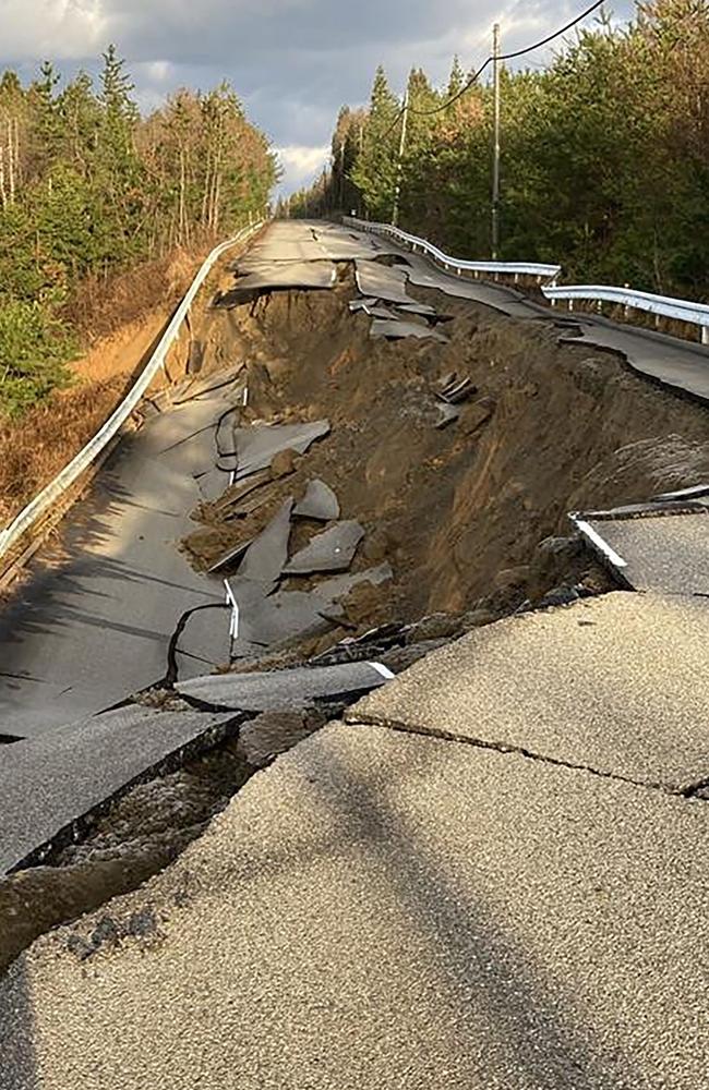 A collapsed road near the city of Shika, Ishikawa prefecture on January 2, 2024. Picture: JIJI PRESS / AFP