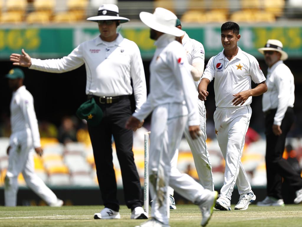 Umpire Richard Kettleborough signals a no ball, denying Naseem Shah of Pakistan his maiden Test wicket.