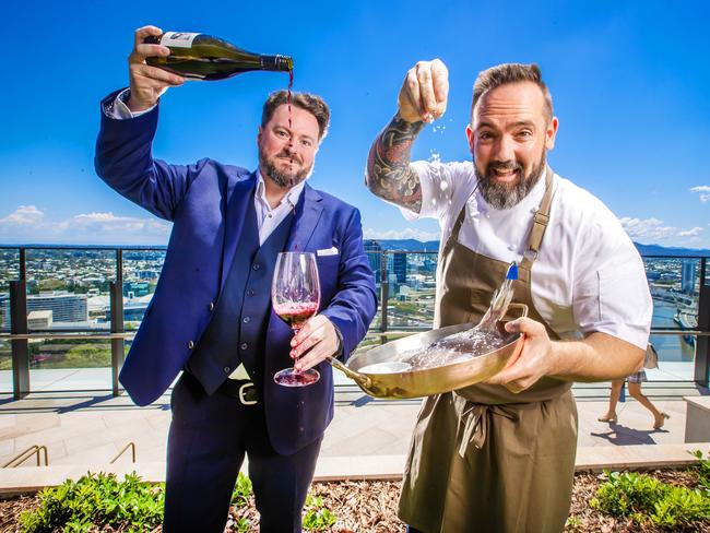 Sommelier Damian Danaher with Executive Chef of Skydeck Shayne Mansfield ahead of Aloria at Queens Wharf Brisbane. Picture: Nigel Hallett