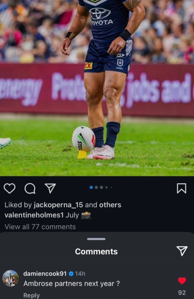 Damien Cook comments on Valentine Holmes’ Instagram photo