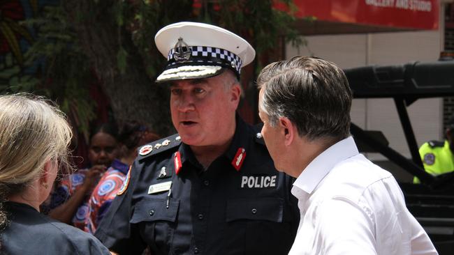 Northern Territory Police Commissioner Michael Murphy chats with Alice Springs residents during coffee with a cop in the Todd Mall. Picture: Gera Kazakov