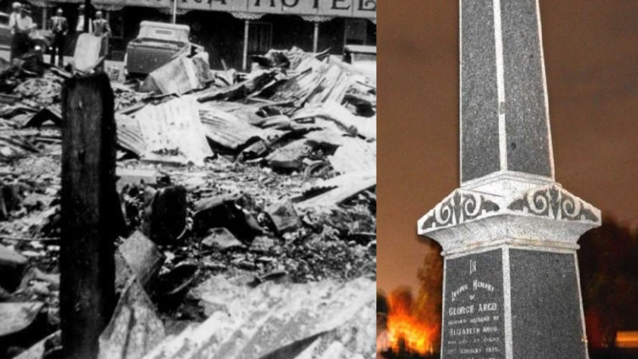 The tragedy of the original Grand Hotel at Goomeri (left) and the infamous glowing tombstone (right) have inspired some of the Gympie region's spookiest stories.