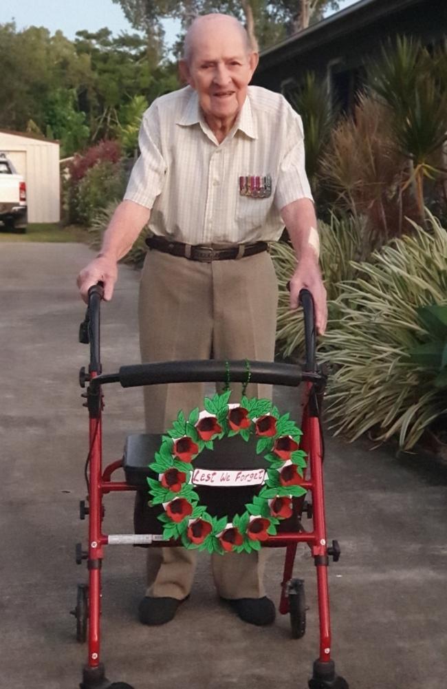 World War II veteran Arthur William Dobe, of Midge Point, standing in his driveway for the Anzac Day 2020 driveway service because of Covid. He passed away at age 97 on July 24, 2021. Picture: Contributed