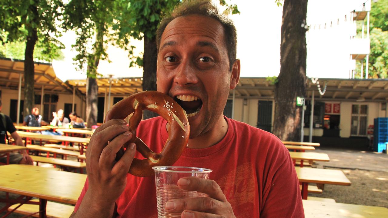 Brisbane based travel blogger Anthony Bianco at a beer garden in Berlin, 2012.