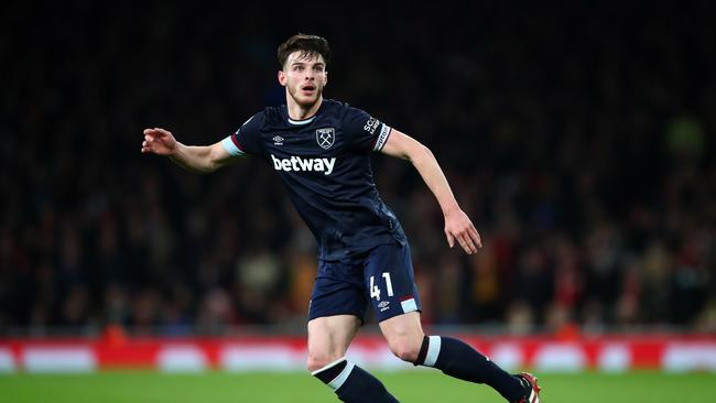 Declan Rice of West Ham United during the Premier League match between Arsenal and West Ham United at Emirates Stadium on December 15, 2021 in London, England. (Photo by Marc Atkins/Getty Images)