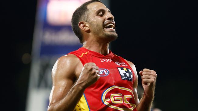 DARWIN, AUSTRALIA - MAY 16: Ben Long of the Suns celebrates a goal during the 2024 AFL Round 10 match between The Gold Coast SUNS and The Geelong Cats at TIO Stadium on May 16, 2024 in Darwin, Australia. (Photo by Michael Willson/AFL Photos via Getty Images)