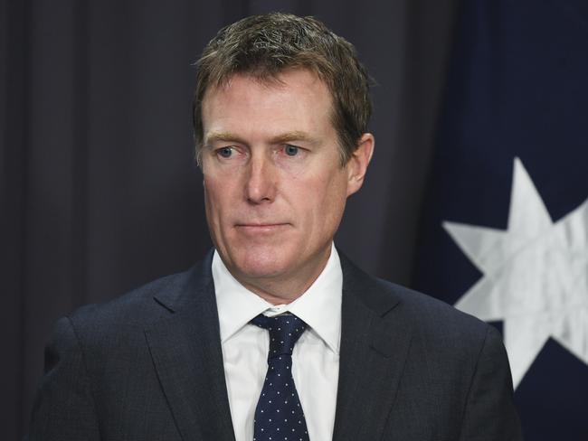 Australian Attorney-General Christian Porter speaks to the media during a press conference at Parliament House in Canberra, Wednesday, May 9, 2018. The Turnbull government is calling for the resignations of four MPs after the High Court disqualified Labor senator Katy Gallagher over her dual citizenship. Attorney-General Christian Porter says therefore it's time for Labor MPs Susan Lamb, Justine Keay and Josh Wilson, as well as independent Rebekha Sharkie to stand down, given their British ancestry. (AAP Image/Lukas Coch) NO ARCHIVING