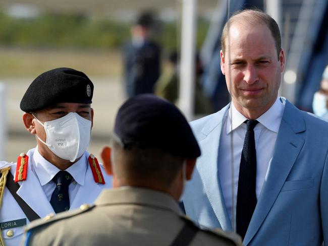 Prince William greets soldiers after his arrival in Belize. Picture: Getty Images