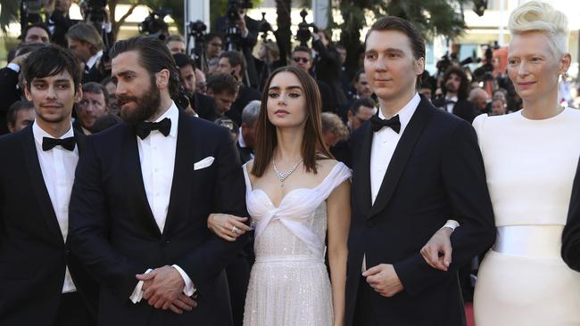 Actors Devon Bostick, Jake Gyllenhaal, Lily Collins, Paul Dano and Tilda Swinton all star in the Netflix movie Okja which premiered at Cannes Film Festival last night. Picture: Alastair Grant