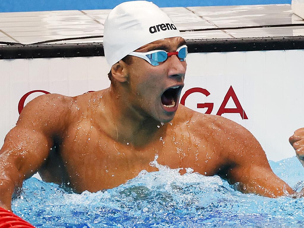 Ahmed Hafnaoui of Team Tunisia celebrates after winning the gold medal in the Men's 400m Freestyle Final on day two of the Tokyo 2020 Olympic Games. Picture: Tom Pennington/Getty Images