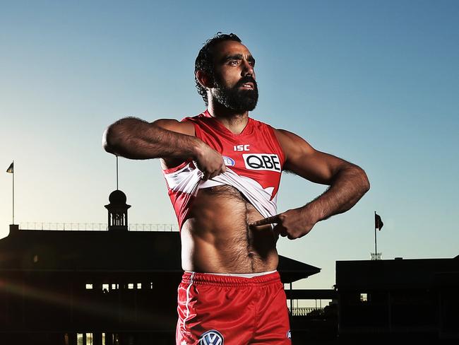 16.5.13 This year marks 20 years since St. Kilda's Nicky Winmar took a stance against racism in the AFL. One of the great Indigenous players to of all time, Adam Goodes of the Sydney Swans reenacts the moment. The Swans play Collingwood on Friday night kicking off the AFL's Indigenous Round. Picture: Phil Hillyard