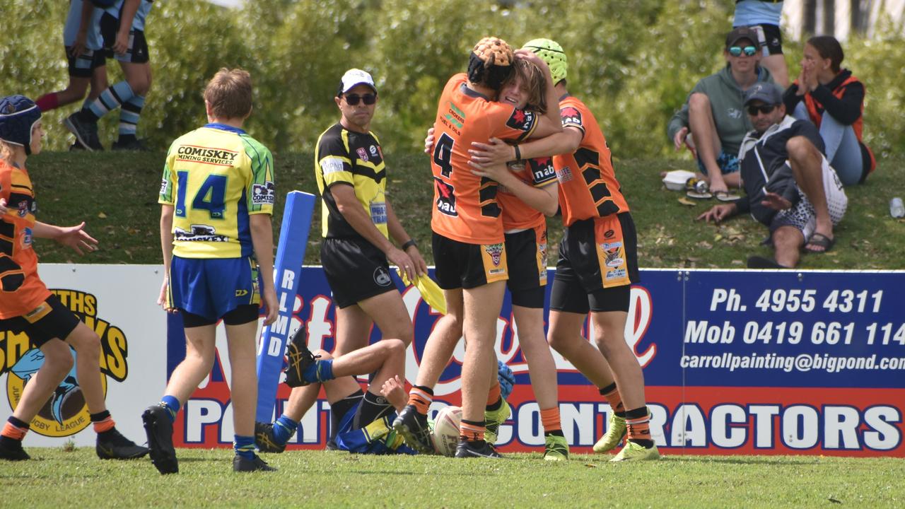 Wests Tigers celebrate a try against Wanderers in the final in the RLMD U14s division in Mackay. August 14, 2021. Picture: Matthew Forrest