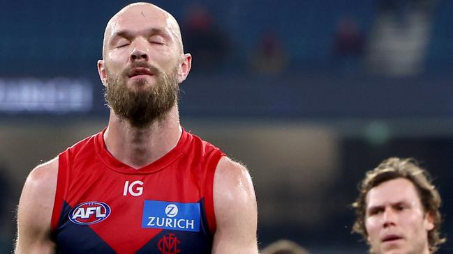 MELBOURNE, AUSTRALIA - AUGUST 10: Max Gawn of the Demons looks dejected after losing the round 22 AFL match between Melbourne Demons and Port Adelaide Power at Melbourne Cricket Ground, on August 10, 2024, in Melbourne, Australia. (Photo by Josh Chadwick/Getty Images)