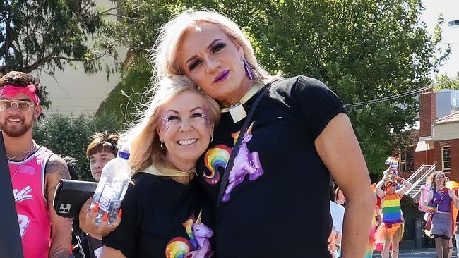 Dani Laidley and partner Donna Leckie marching along Fitzroy St in St Kilda in the Melbourne Pride Festival. Picture: Ian Currie