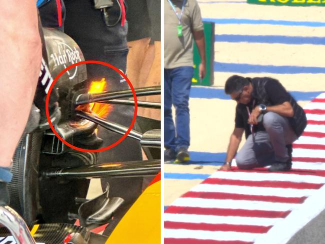 Sergio Perez's Red Bull caught fire in the garage as the morning testing session was stopped due to a loose drain cover. Picture: Supplied