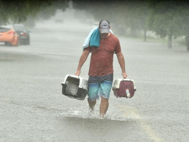 Sunday February 2. Heavy rain lashes Townsville causing flash flooding. Peter Sharpe carries a pair of cats to safety in Carmody Street, Rosslea.Picture: Evan Morgan