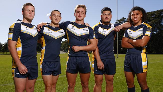 DAILY TELEGRAPH 3RD MAY 2023Pictured at Moore Park in Sydney ahead of the start of the 2023 NRL Schoolboys Cup season are Westfields Sports High players Kohan Lewis, Dion Williams, William Craig, Roy Quiroz-Mapusua, Luke Biva Laulilii and Troy Weeden.Picture: Richard Dobson