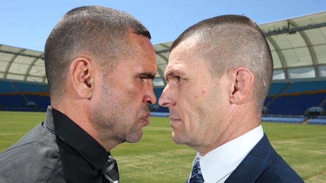 Anthony Mundine and John Wayne Parr face off at Cbus Super Stadium ahead of their upcoming boxing match. Picture Glenn Hampson