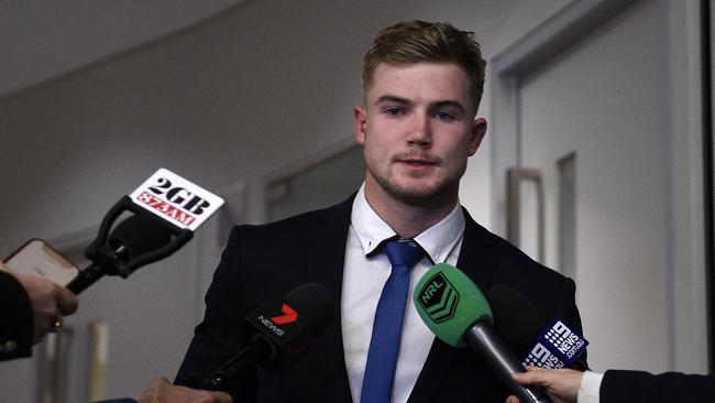 Hudson Young speaks at the judiciary after being an eight-game ban. Picture: AAP