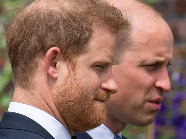 LONDON, ENGLAND - JULY 01: Prince Harry, Duke of Sussex and Prince William, Duke of Cambridge during the unveiling of a statue they commissioned of their mother Diana, Princess of Wales, in the Sunken Garden at Kensington Palace, on what would have been her 60th birthday on July 1, 2021 in London, England. Today would have been the 60th birthday of Princess Diana, who died in 1997. At a ceremony here today, her sons Prince William and Prince Harry, the Duke of Cambridge and the Duke of Sussex respectively, will unveil a statue in her memory. (Photo by Dominic Lipinski - WPA Pool/Getty Images)