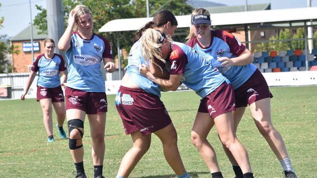 CQ Capras women go through their paces in a trial match against the clubâ€™s under-19s at Browne Park on Saturday, February 12, 2022.