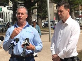 Surf Life Saving NSW CEO Steven Pearce and Northern Beaches Mayor Michael Regan at the launch at Manly Beach of the joint Surf Life Saving NSW/Northern Beaches Council initiative to keep beaches and parks COVID-Safe this summer. Picture: Northern Beaches Council