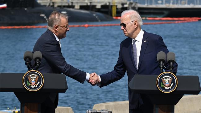 Anthony Albanese and US President Joe Biden at the press event for the AUKUS deal in California. Picture: Getty Images