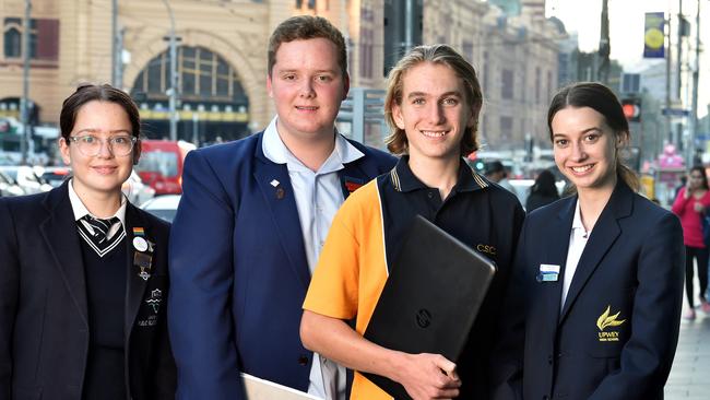 Melbourne Girls’ College’s Mia Sherman, 16, Overnewton Anglican Community College’s Mitchell Sprague, 15, Castlemaine Secondary’s Cohen Saunders, 16, and Upwey High’s Wren Gillett, 16, are nominating for school council. Picture: Jay Town