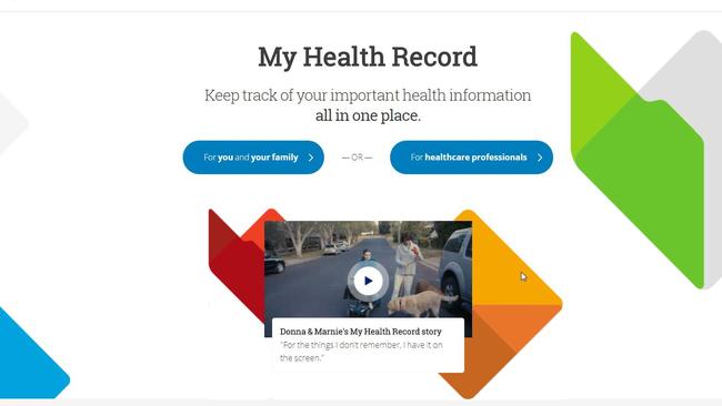 The welcome screen for the My Health Record government website. Picture: Supplied