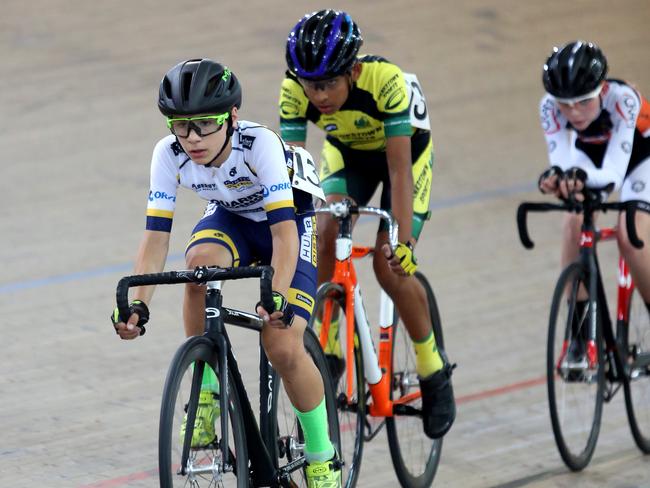 Cyclists warm up in the Shimano Sydney Cup at the Dunc Gray Velodrome. Picture: Robert Pozo.