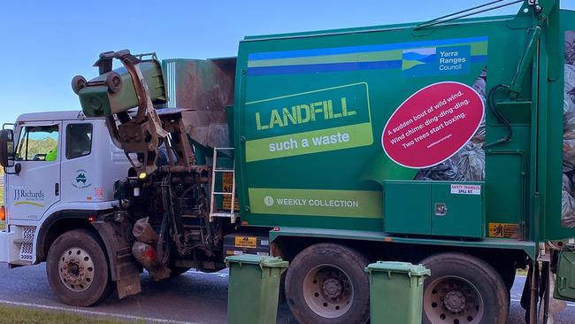 Yarra Ranges rubbish truck with a haiku in pink. Picture: Facebook