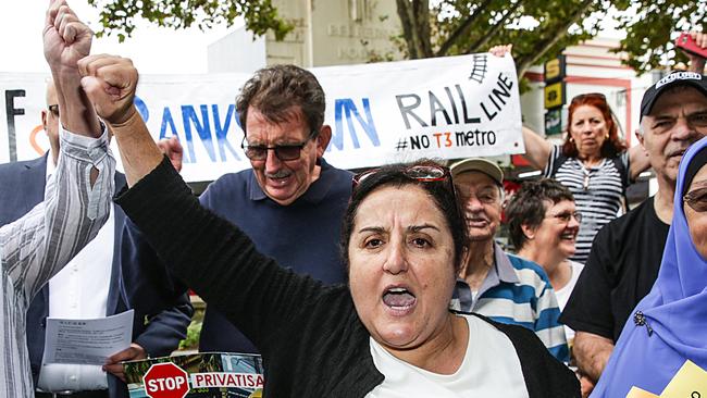 Barbara Coorey leads a protest against the Sydney Metro Southwest in Campsie in March. Picture: Carmela Roche.