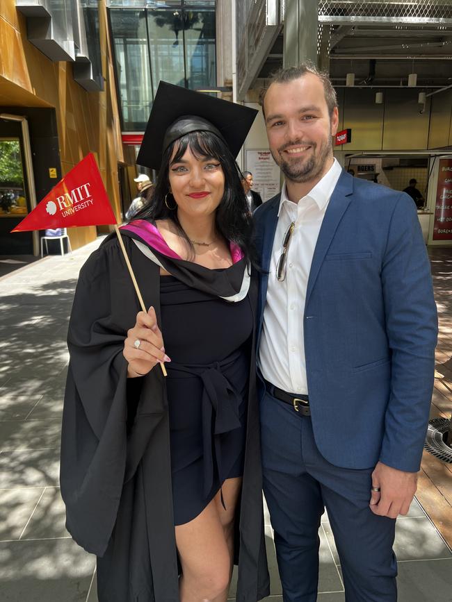 Brisbane locals: Jacqueline Boccaccio (Bachelor of Professional Communications majoring in Public Relations) and Eliot Wilkins at the RMIT University graduation day on Wednesday, December 18, 2024. Picture: Jack Colantuono