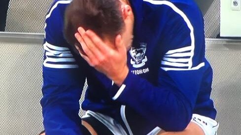 An injured Joel Selwood on the bench after hurting his hamstring in the opening quarter against the Pies in Perth. Picture: Channel 7