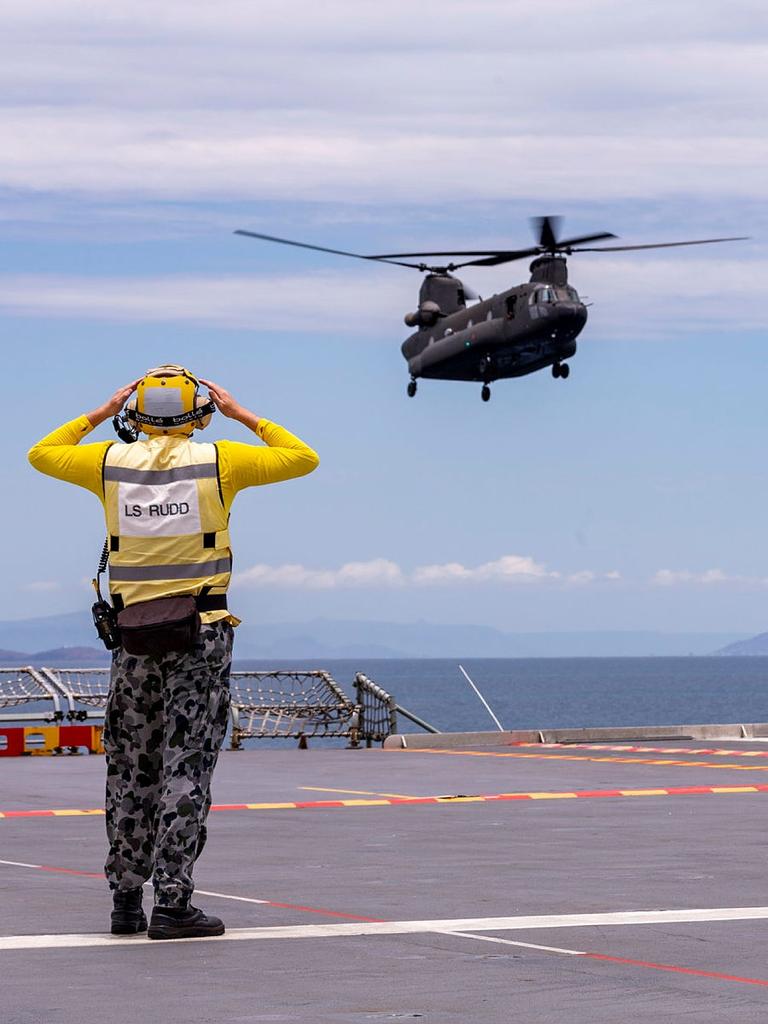 Republic of Singapore Air Force CH-47 Chinook Helicopter landing onboard HMAS Adelaide during Exercise Sea Wader 2020 off the coast of Townsville, Queensland. Picture: Defence Dept