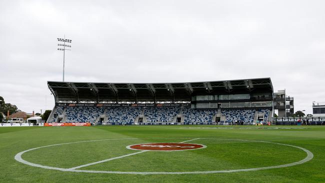 Mars Stadium, pictured in March, is in need of some turf repairs after recent rainfall. Photo by Dylan Burns/AFL Photos via Getty Images