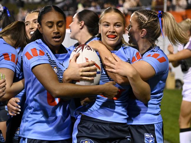 Kasey Reh celebrates a try for NSW. NRL Mens_Womens Under 19's SOO-NSW v QLD at Leichhardt Oval . Picture: NRL Photos/Gregg Porteous