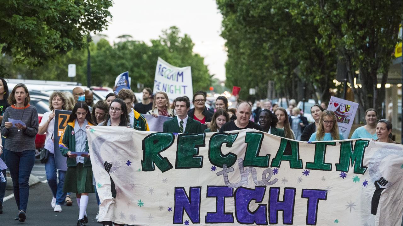 The Reclaim the Night march in Ruthven St, Friday, October 29, 2021. Picture: Kevin Farmer