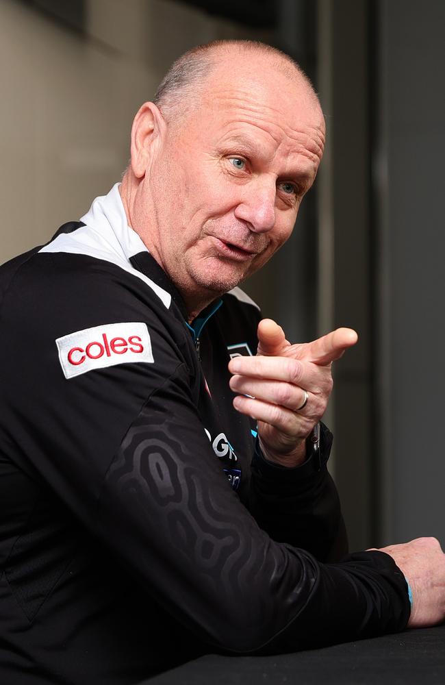 Ken Hinkley during a press conference last season. Picture: Sarah Reed/Getty Images