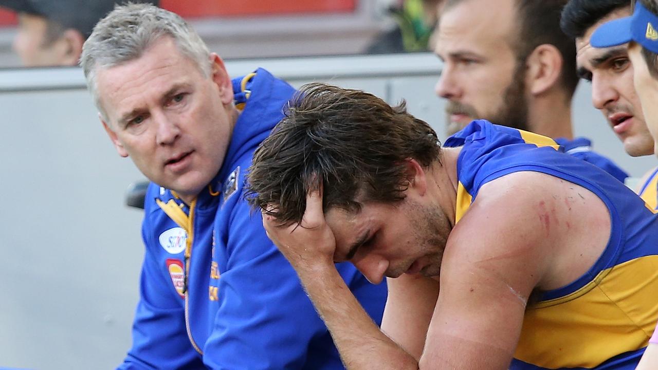 West Coast’s Andrew Gaff holds his head in his hands following his punch that broke the jaw of Brayshaw.