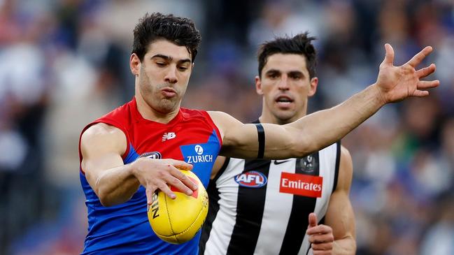 MELBOURNE, AUSTRALIA - JUNE 13: Christian Petracca of the Demons in action during the 2022 AFL Round 13 match between the Collingwood Magpies and the Melbourne Demons at the Melbourne Cricket Ground on June 13, 2022 in Melbourne, Australia. (Photo by Dylan Burns/AFL Photos via Getty Images)