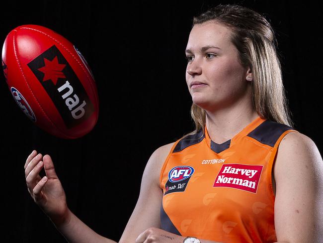 Alyce Parker of the Giants poses for a photograph during the 2018 AFLW Draft at Marvel Stadium in Melbourne, Friday, October 23, 2018. (AAP Image/Daniel Pockett) NO ARCHIVING