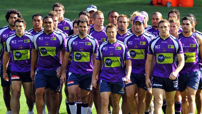 Craig Bellamy leads his team onto the field to address the media as the salary cap scandal reached its crescendo in 2010.