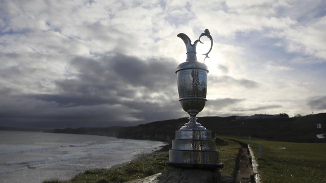 The Claret Jug on display at Royal Portrush, Dunluce course, Northern Ireland. Picture: AP.