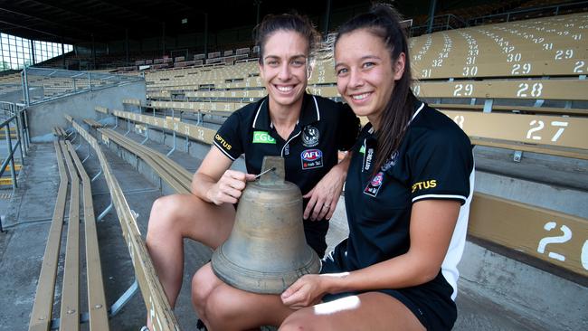 Ash Brazill and Brittany Bonnici ring in the first AFLW game to be played at Victoria Park. Picture: Jay Town