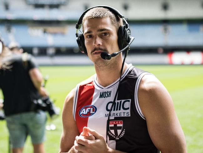 MELBOURNE, AUSTRALIA - MARCH 09: Jack Steele of the Saints speaks to the media during 2023 AFL Captain's Day at Marvel Stadium on March 09, 2023 in Melbourne, Australia. (Photo by Darrian Traynor/Getty Images)